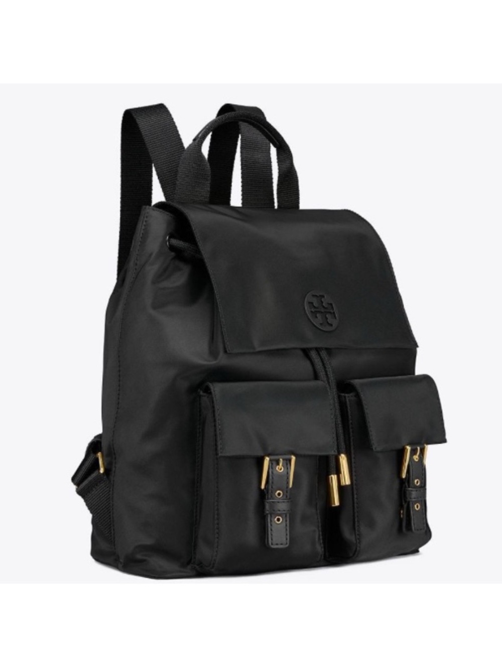 Tory Burch Black Nylon Backpack with Front Pockets
Gold hardware Front logo
